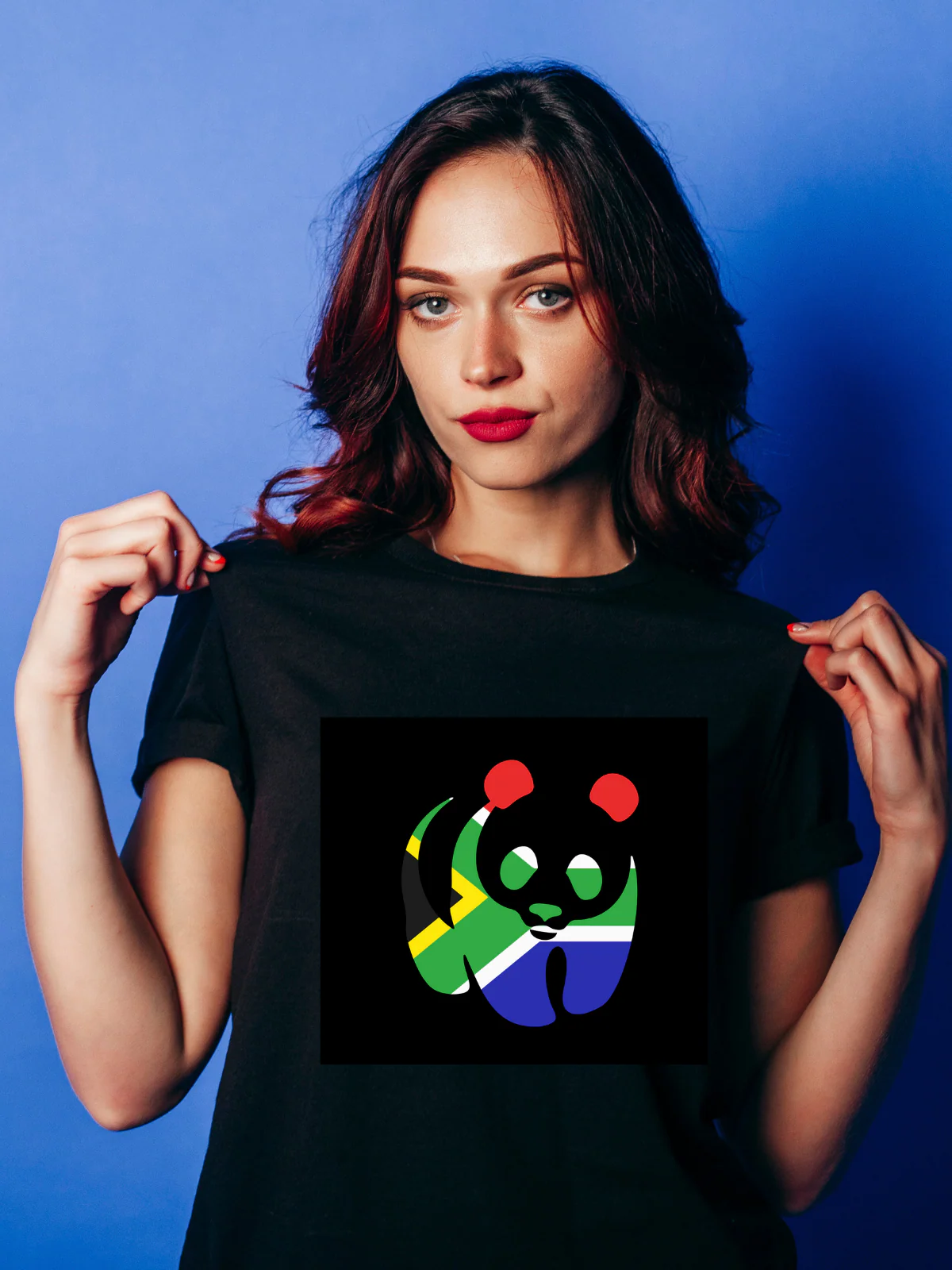 South African Flag Panda Unisex Black T-Shirt - Image 3