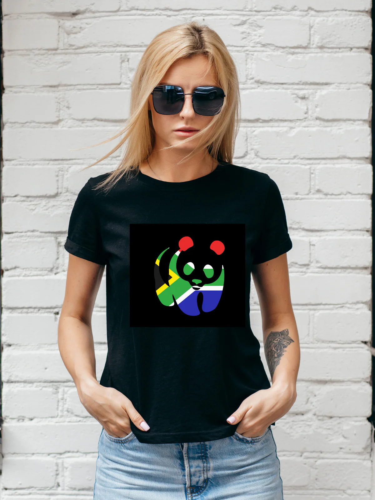South African Flag Panda Unisex Black T-Shirt - Image 4