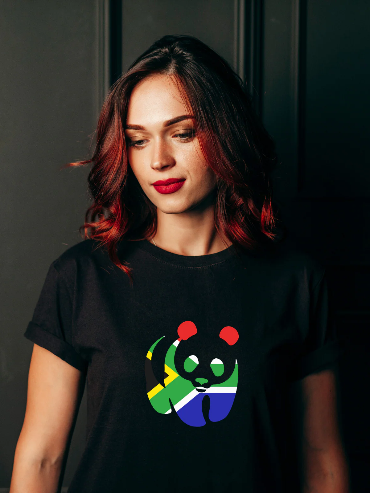 South African Flag Panda Unisex Black T-Shirt - Image 5