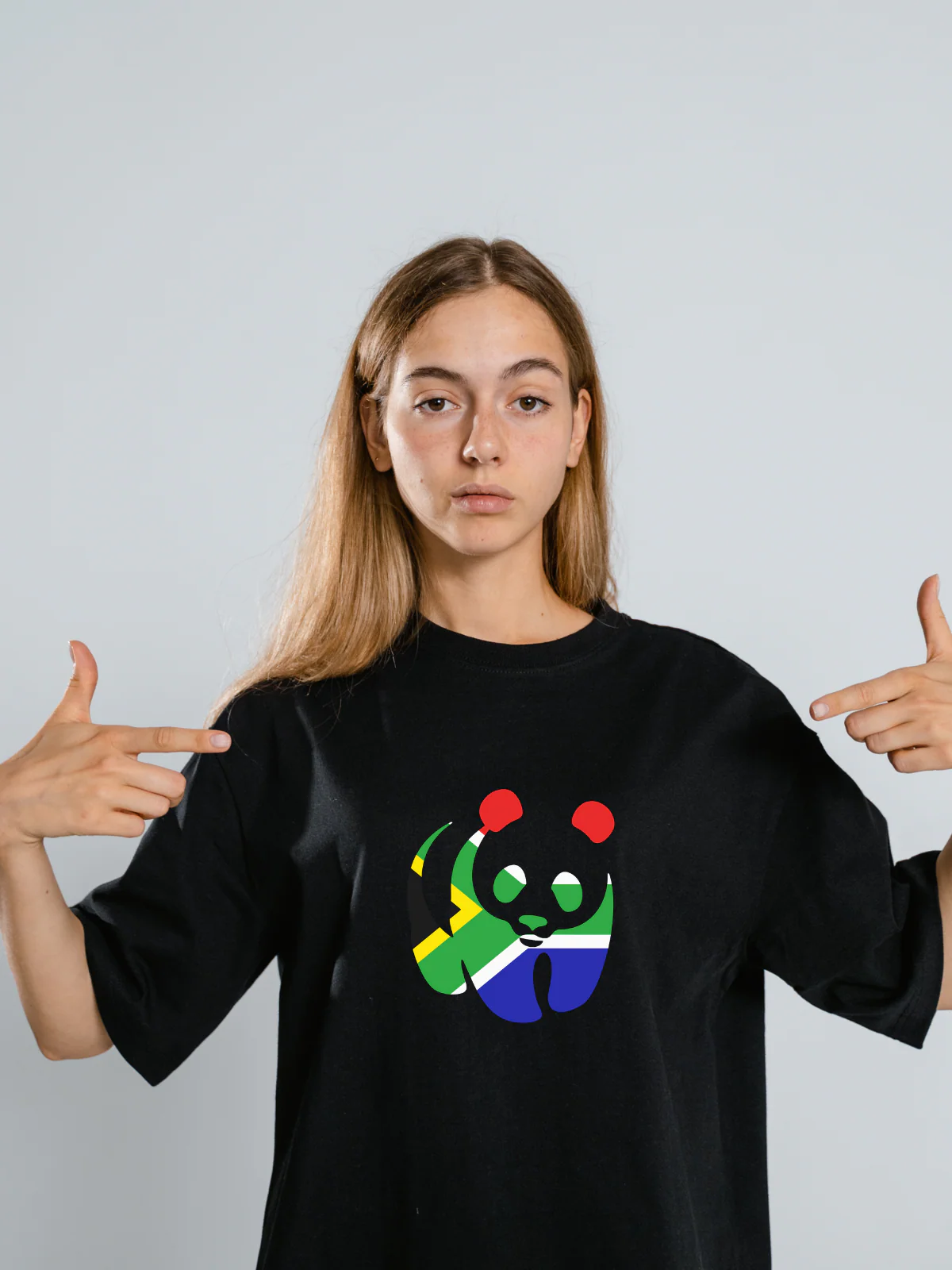 South African Flag Panda Unisex Black T-Shirt - Image 6