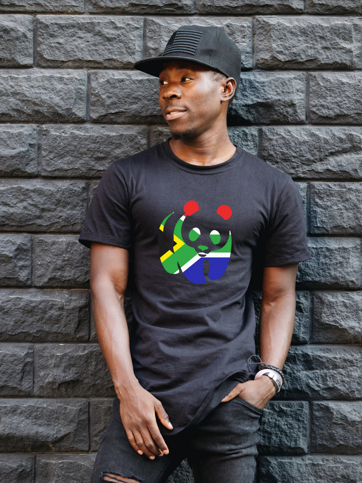 South African Flag Panda Unisex Black T-Shirt - Image 7